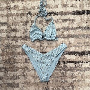 Frankie's Bikinis Light Blue Floral Crochet Triangle Bikini